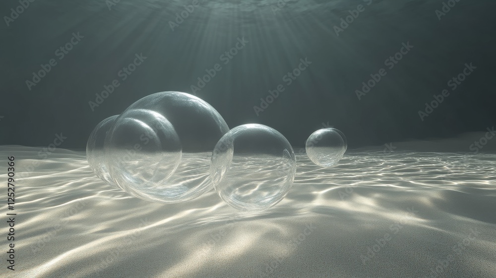 Poster underwater view with transparent spheres on sandy ocean floor, ethereal art concept