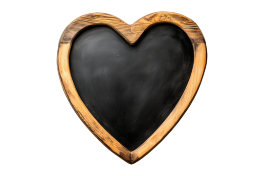 Heart-shaped wooden chalkboard with a rustic finish, isolated on a white transparent background, ideal for decoration or messages on Valentine Day