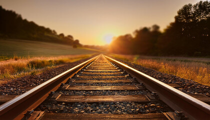 Fototapeta premium Golden hour over railway tracks. Depth and symmetry in a scenic landscape. 