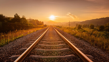 Wide angle shot: Focused railroad tracks leading into the distance, bathed in warm sunset lighting