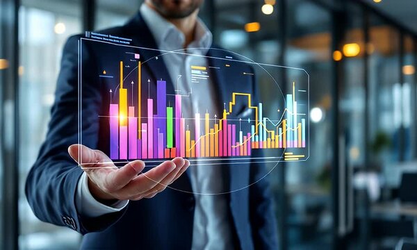 Businessman presenting data graphs, modern office background, financial analysis - Powered by Adobe