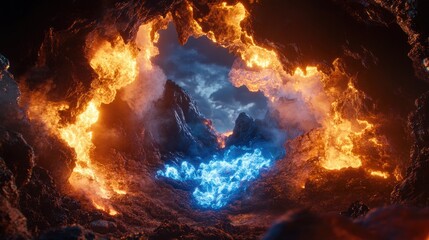 Fototapeta premium A dramatic shot of gas flames flickering with deep blue and bright orange hues against the void.