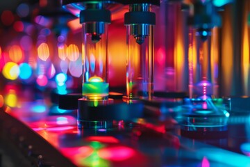Nanophotonic Devices in Action Showcasing Advanced Light Manipulation in a Vibrant Laboratory Setting