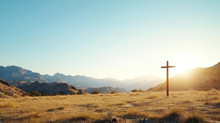 Wooden Cross On Mountain Landscape At Sunrise