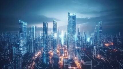 Fototapeta premium A dynamic futuristic skyline filled with transparent skyscrapers and glowing fiber-optic pathways.