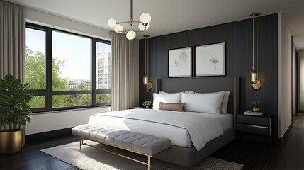 modern and minimalist bedroom with a large bed in the center. The bed has a gray headboard and white linens with a striped pattern.