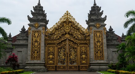 Naklejka premium Golden Balinese Gate with Intricate Carvings and Stone Pillars