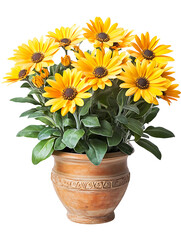 Obraz premium Vibrant yellow daisy flower arrangement in rustic pot indoor decor bright and lively atmosphere