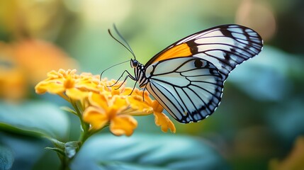 Fototapeta premium Butterfly Resting on Yellow Flower in a Vibrant Garden Scene