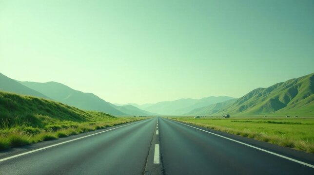 Asphalt ribbon unwinding towards a serene vista of rolling hills under a soft, green sky