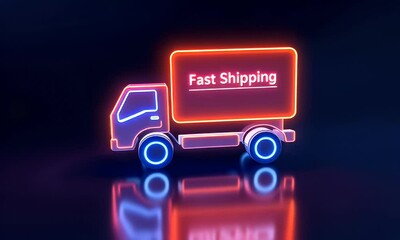 Neon delivery truck, fast shipping, dark background, e-commerce