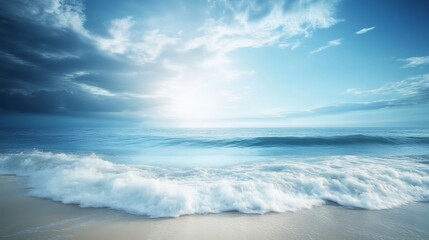 Fototapeta premium Ocean waves crashing on sandy beach under a bright blue sky, nature serenity concept