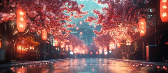 Fototapeta premium Rainy Asian street, cherry blossoms, lanterns, night