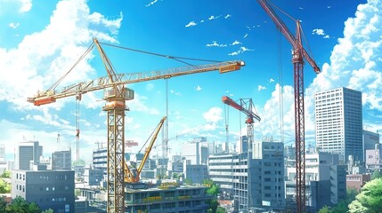 Fototapeta premium Construction Site with Tower Cranes and Earthworks Against a Blue Sky. Urban Development and Infrastructure Progress