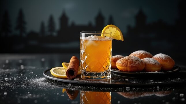 Dramatic presentation of sima and korvapuusti against Suomenlinna backdrop