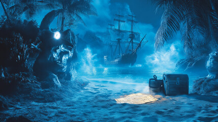 Pirate ghost on haunted island, spooky dead filibuster captain spirit with hook hand and wooden leg prosthesis on night tropical beach with ship, chest and treasure map. Cartoon vector illustration