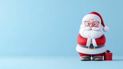 Cartoon Santa Claus holding gift, blue background, Christmas