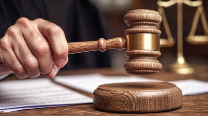 Judge's Hand Holding Wooden Gavel Ready to Deliver Verdict
