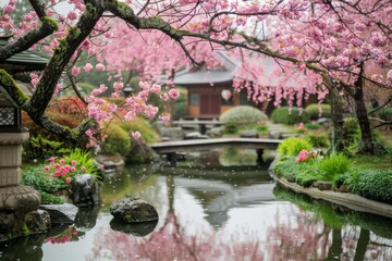 Captivating Pink Cherry Blossoms Frame a Serene Pond in a Japanese Garden During Springtime Tranquility