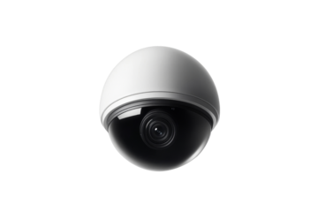 Modern dome surveillance camera featuring sleek design and high-resolution lens on a transparent backdrop