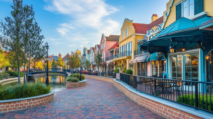 Old Europe city street with building exterior vector illustration. Cute victorian village panorama. Nordic medieval landscape with mansion, road, bridge and outdoor cafe table. Summer Amsterdam park