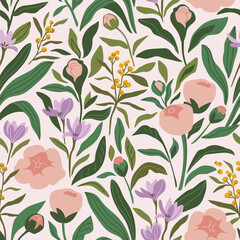 Stylish vector seamless pattern in pastel colors. Spring botanical print design in hand-drawn style. Decorative peony and rose. Beautiful Floral seamless texture for fabric, wallpaper or wrapping. 