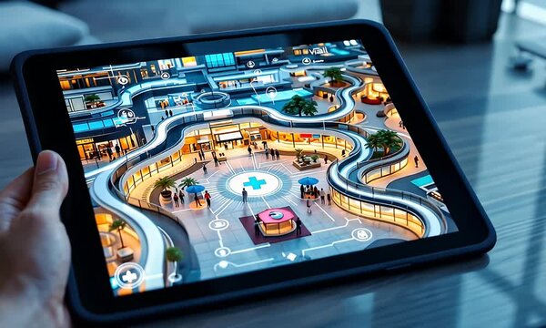 Smart city mall digital twin on tablet, futuristic planning, indoor navigation