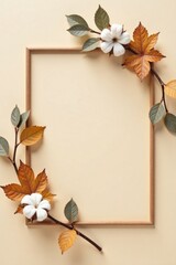Autumnal Branches and Cotton Blooms Frame a Blank Space for Seasonal Designs and Fall-Themed Announcements