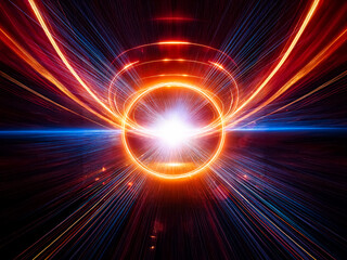 Obraz premium A vibrant, glowing orange ring surrounds a bright central light, radiating blue energy streaks across a dark background, evoking a sense of cosmic power and energy.