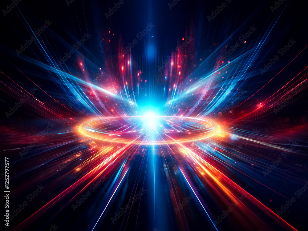 Poster Vibrant abstract image: central bright light source emits dynamic blue and red beams. Glowing circular element. Energetic and modern design.