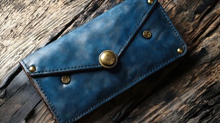 Handcrafted Blue Leather Wallet on Rustic Wooden Background