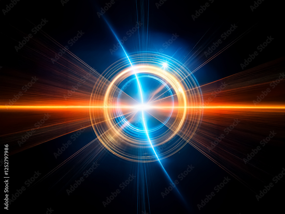 Poster abstract concentric circles of glowing blue and gold light on a black background. the image evokes f