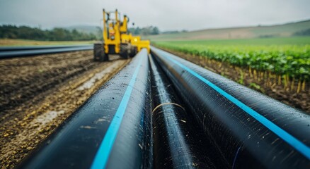 Fototapeta premium Installing Irrigation Piping for Agriculture Farmland Construction Rural Area Low Angle Water Management