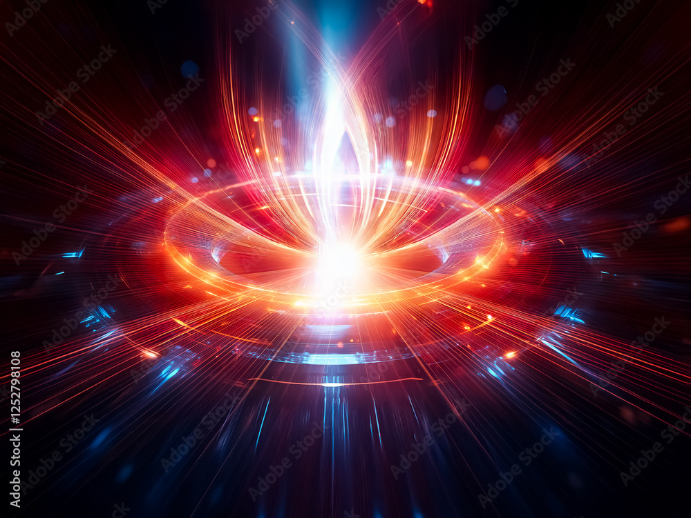 Poster abstract bright light beams with red and blue hues emanate from a central glowing point, radiating o