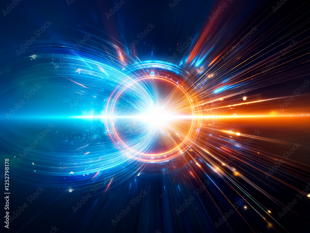 Poster Abstract burst of energy with vibrant blue and orange light streaks emanating from a central bright point. Dynamic and powerful visual display.