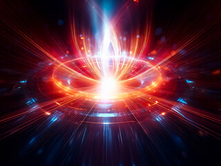 Obraz premium Abstract bright light beams with red and blue hues emanate from a central glowing point, radiating outwards in a dynamic, futuristic and energetic display.