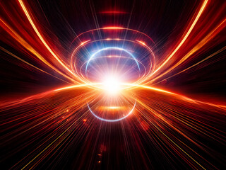 Obraz premium Abstract digital artwork with a radiant white light at the center, encircled by orange and blue glowing lines. Dynamic design creates a sense of speed and futuristic energy.