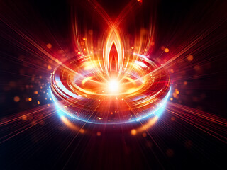 Obraz premium Bright digital artwork featuring a central glowing light source emitting vibrant red and blue energy trails in an abstract and dynamic composition.