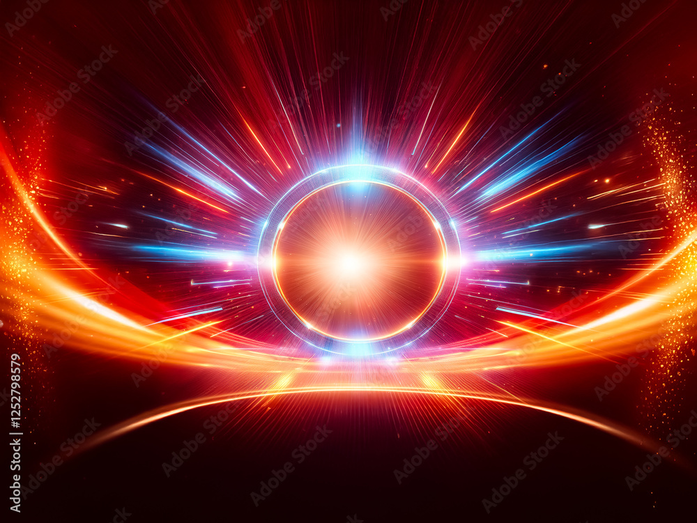 Poster glowing circular frame with vibrant blue and orange light streaks radiating outwards, creating a fut