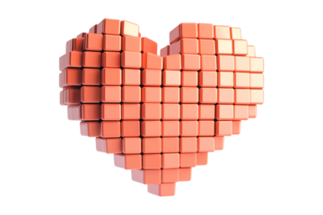 Abstract pink cubic pixel heart shape, isolated on white transparent background. Concept of love, technology, and modern design
