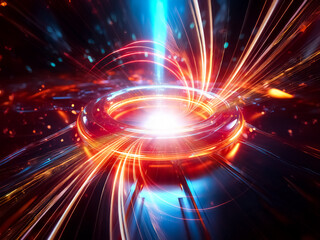 A luminous ring, pulsating with vibrant energy, emits radiating beams of blue and red light, creating a dynamic and abstract futuristic design.