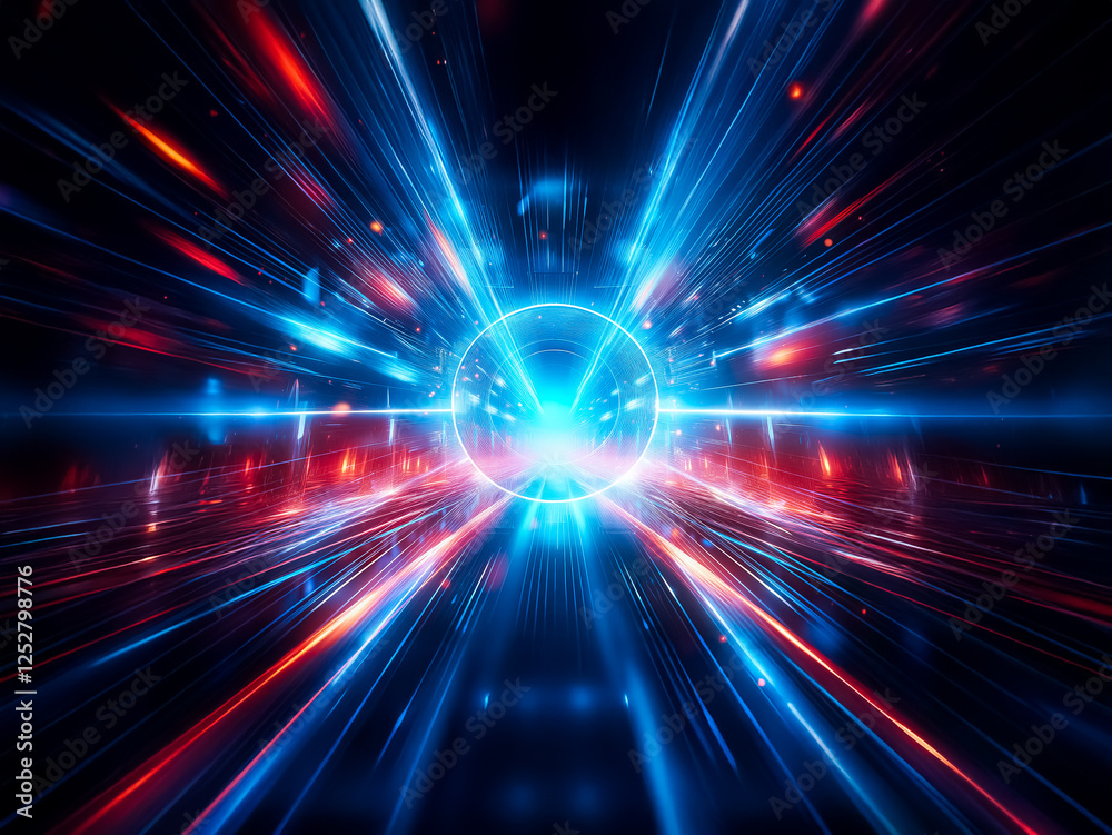 Poster vibrant abstract image of blue and red light streaks radiating from a bright central sphere. dynamic