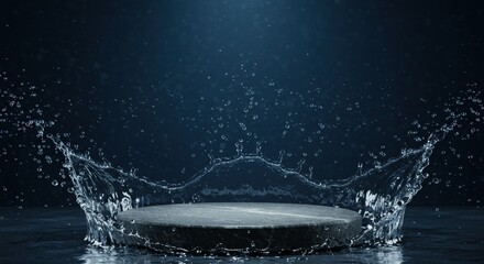 A natural black stone podium surrounded by a water splash, set against a blurred blue background for a premium product shooting scene.

