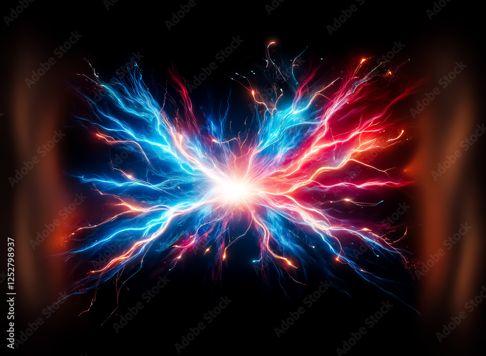 Poster Vibrant abstract energy streams of red, orange, and blue radiate from a central bright point, creating a dynamic design against a dark backdrop.