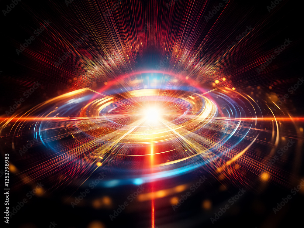Poster Vibrant, abstract light explosion with radiant energy.  Colorful beams burst from the center, creating a dynamic and powerful visual effect.