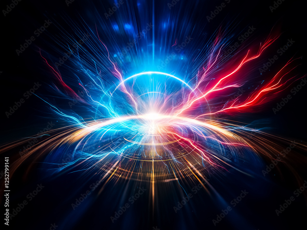 Poster Vibrant energy bursts with blue and red rays emanating from a central point, creating a dynamic and powerful abstract light effect against a dark backdrop.