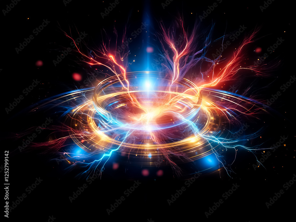 Poster glowing concentric rings of gold and blue light emanate energy on a dark background, creating a futu