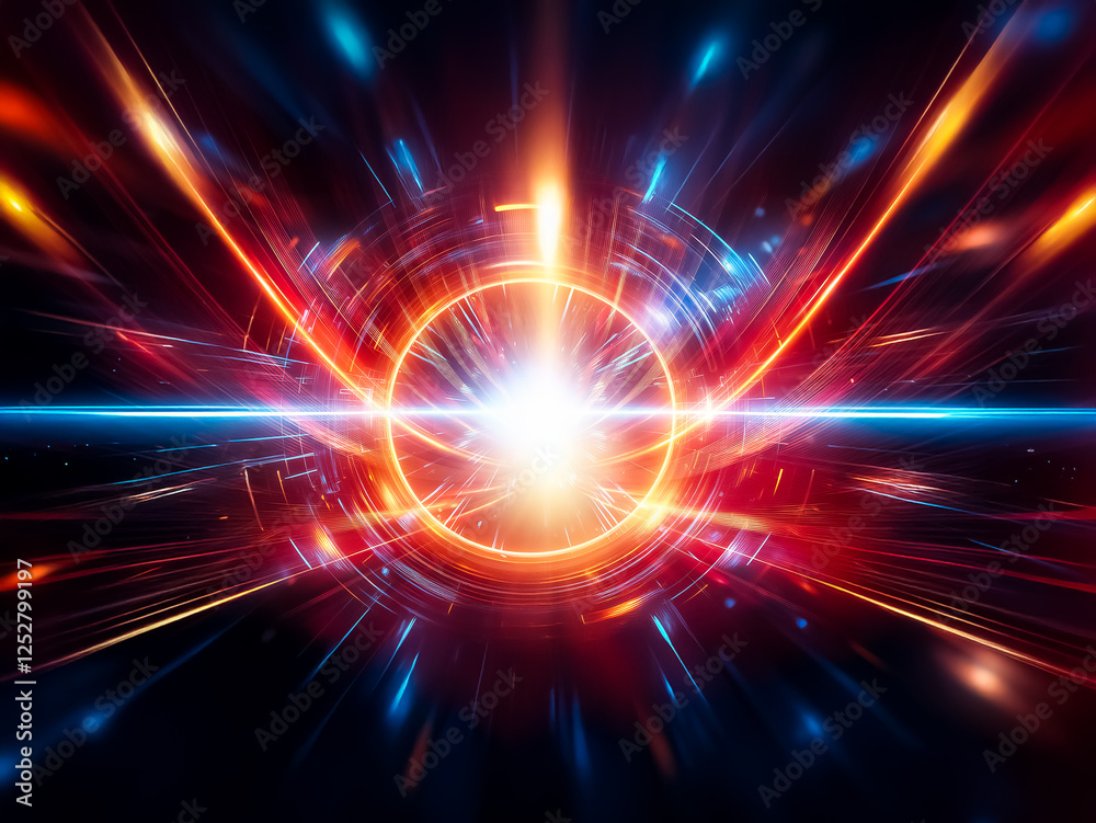 Poster vibrant abstract energy bursts from a central point, radiating outwards with dynamic orange and blue