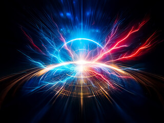 Obraz premium Vibrant energy bursts with blue and red rays emanating from a central point, creating a dynamic and powerful abstract light effect against a dark backdrop.
