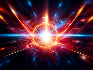 Obraz premium Vibrant abstract energy bursts from a central point, radiating outwards with dynamic orange and blue streaks against a dark backdrop. A glowing ring surrounds the bright core, creating a sense of int